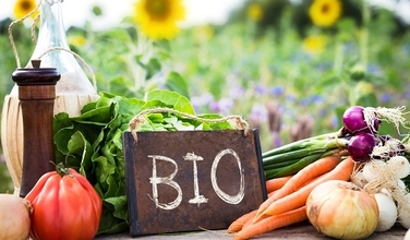 Gemüse mit einem Schild, auf dem Bio steht